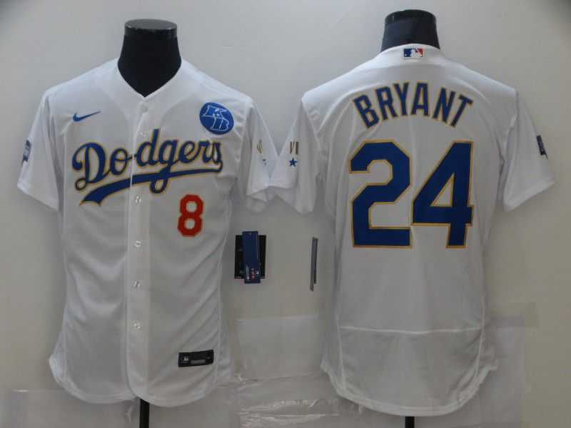 Men Los Angeles Dodgers 24 Bryant Champion of white gold and blue characters Elite 2021 Nike MLB Jersey